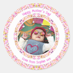 Custom Photo Vibrant Pink Happy Green Mother’s Day Classic Round Sticker