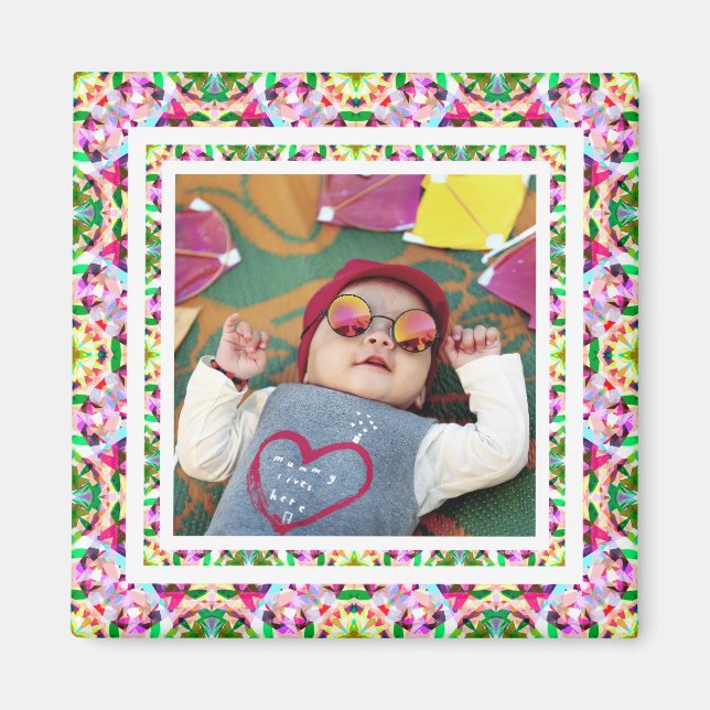 Custom Photo Vibrant Pink Happy Green Mother’s Day Magnet (Front)