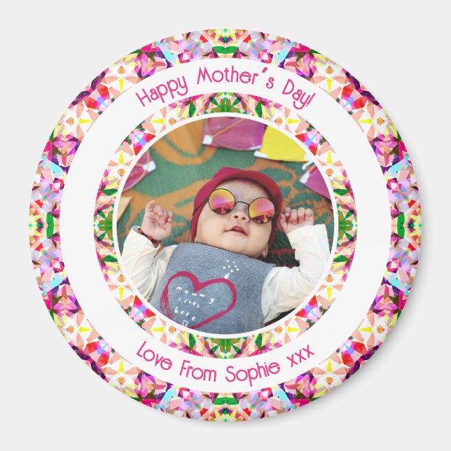 Custom Photo Vibrant Pink Happy Green Mother’s Day Magnet (Front)