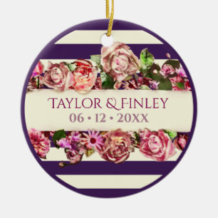 Custom Photo Vintage Modern Floral Striped Wedding Ceramic Tree Decoration