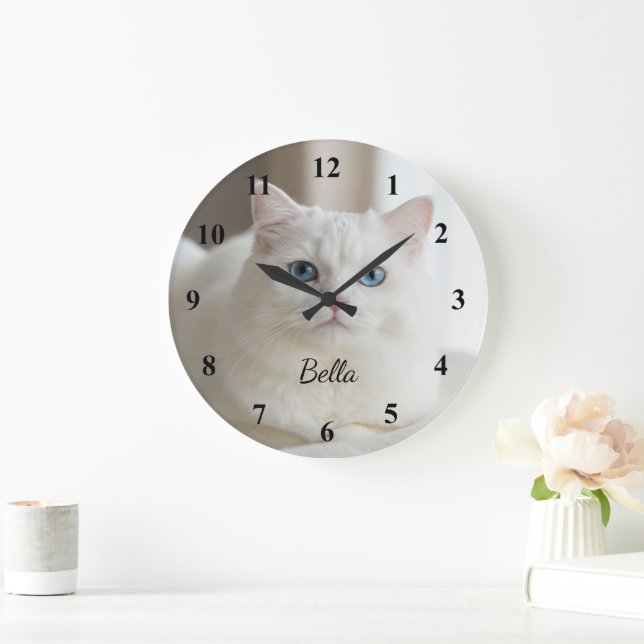 Custom photo wall clock with beautiful white cat (Home)