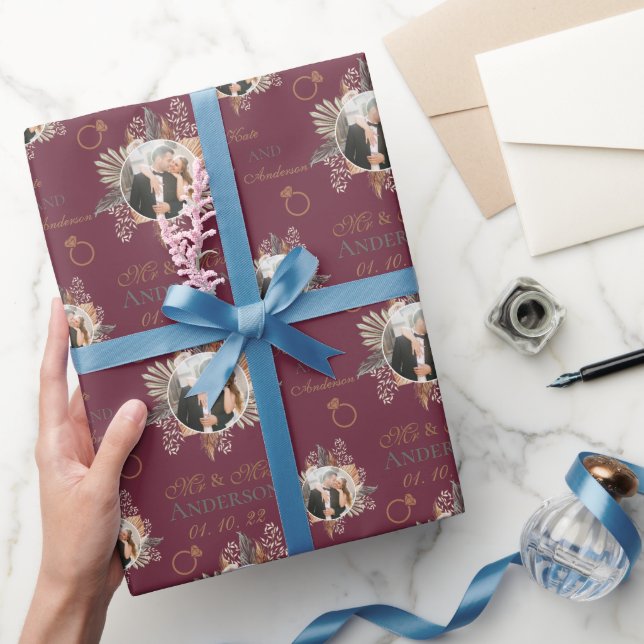 Custom Photo Watercolor Floral Bride & Groom  Wrapping Paper (Gifting)