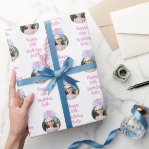 Custom Photo Watercolor Mermaid Crown Birthday Wrapping Paper