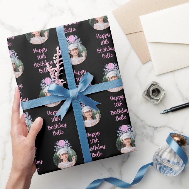 Custom Photo Watercolor Mermaid Crown Birthday Wrapping Paper (Gifting)