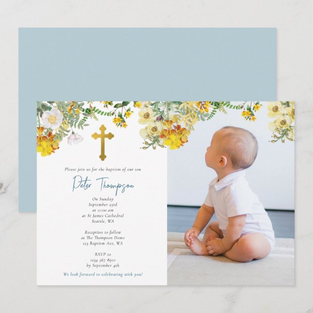 Custom Photo Watercolor Rose Garden Boy Baptism Invitation (Front/Back)