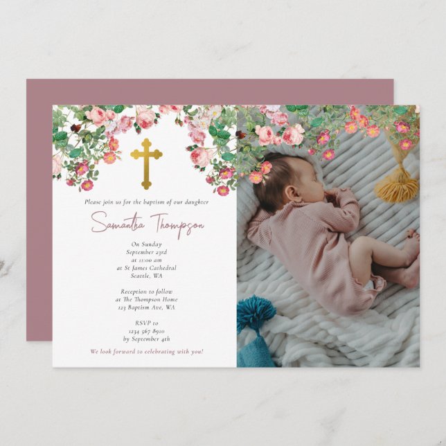Custom Photo Watercolor Rose Garden Girl Baptism Invitation (Front/Back)