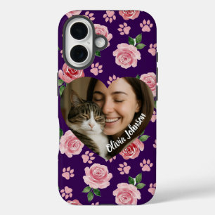 Custom Photo Watercolor Roses and Paw Prints iPhone 16 Case