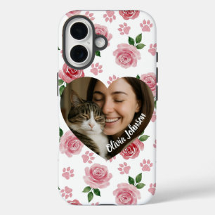 Custom Photo Watercolor Roses and Paw Prints  iPhone 16 Case
