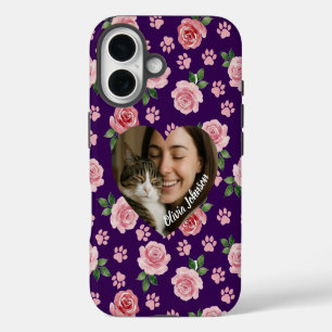 Custom Photo Watercolor Roses and Paw Prints iPhone 16 Case