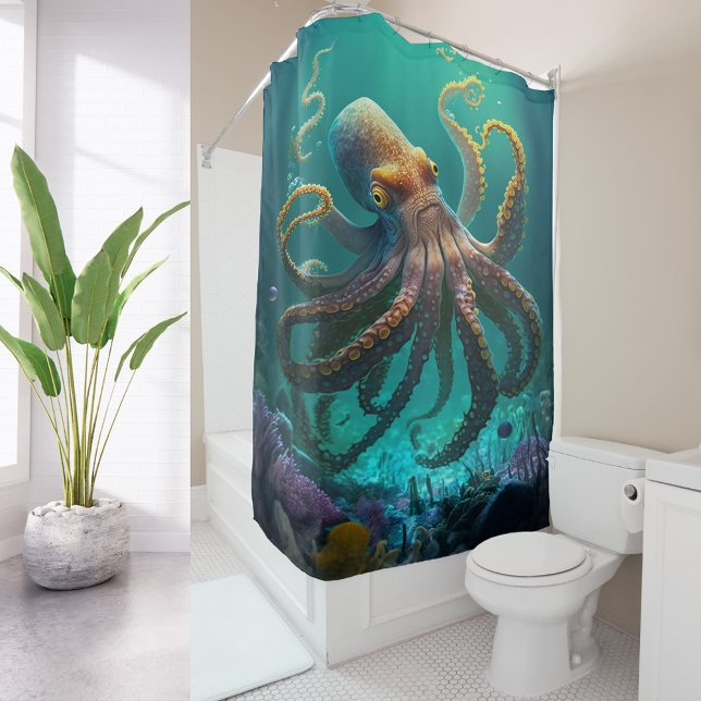 Custom Photo Watercolor Sea Octopus Personalised Shower Curtain (Creator Uploaded)