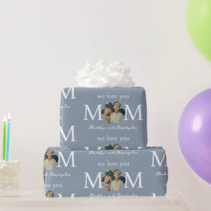 Custom Photo We Love You Mom Blue Mother's Day Wrapping Paper