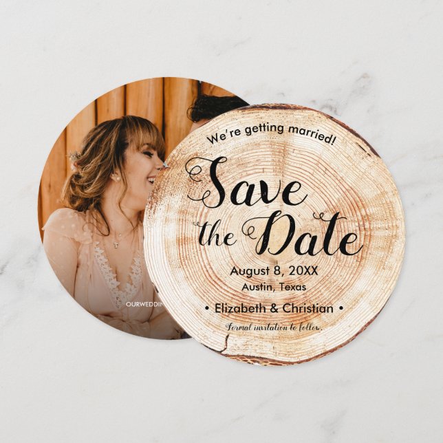 Custom photo website Wood Slice Rustic Wedding  Invitation (Front/Back)