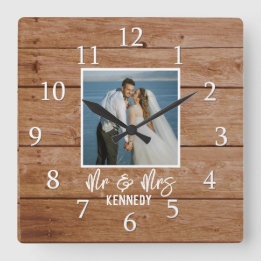 Custom Photo Wedding Anniversary Wood Mr & Mrs Square Wall Clock