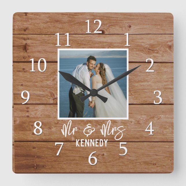Custom Photo Wedding Anniversary Wood  Mr & Mrs Square Wall Clock (Front)
