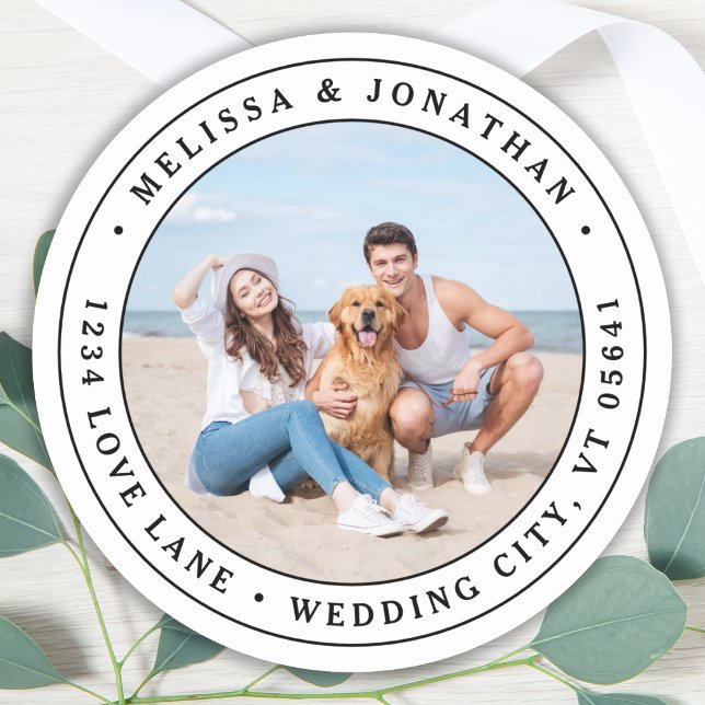 Custom Photo Wedding Return Address Classic Round Sticker (Creator Uploaded)