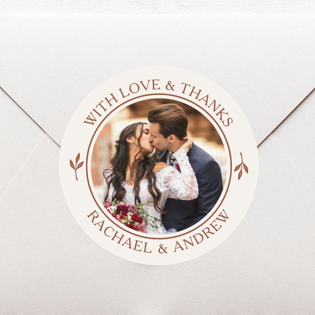 Custom Photo Wedding Thank You Terracotta Cream Classic Round Sticker (Creator Uploaded)