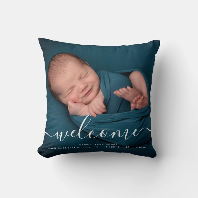 Custom Photo Welcome Script Overlay Baby Keepsake Cushion (Front)