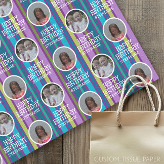 Custom Photo Whimsical & Colourful Birthday Stripe Tissue Paper