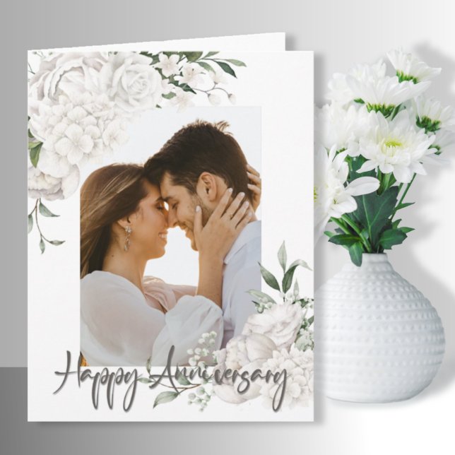 Custom Photo White Floral Anniversary Greeting Card (Creator Uploaded)