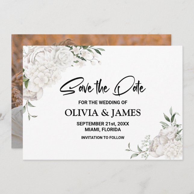 Custom Photo White Floral Wedding  Save The Date (Front/Back)