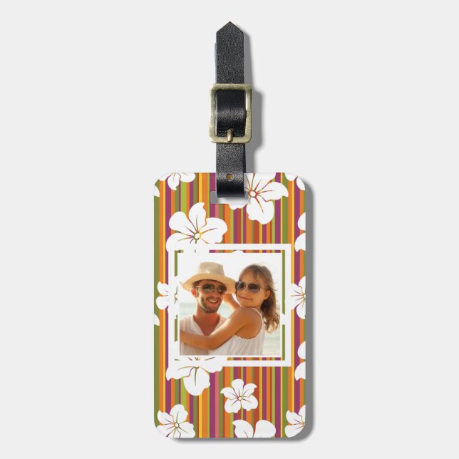 Custom Photo White flowers on stripes Luggage Tag (Front Vertical)