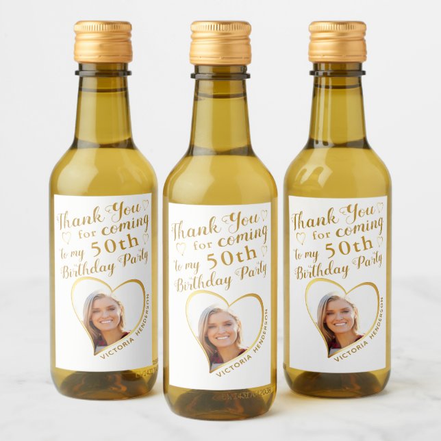 Custom Photo White Gold Thank You 50th Birthday Wine Label (Bottles)