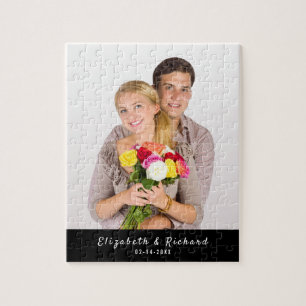 Custom Photo White Script Typography Couple's Jigsaw Puzzle