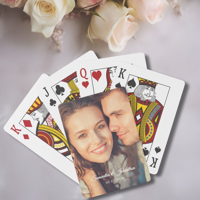Custom Photo White Script Wedding Favor Playing Cards (Creator Uploaded)