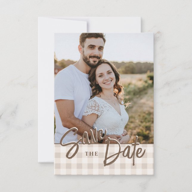 Custom Photo With Beige Gingham Save The Date (Front)
