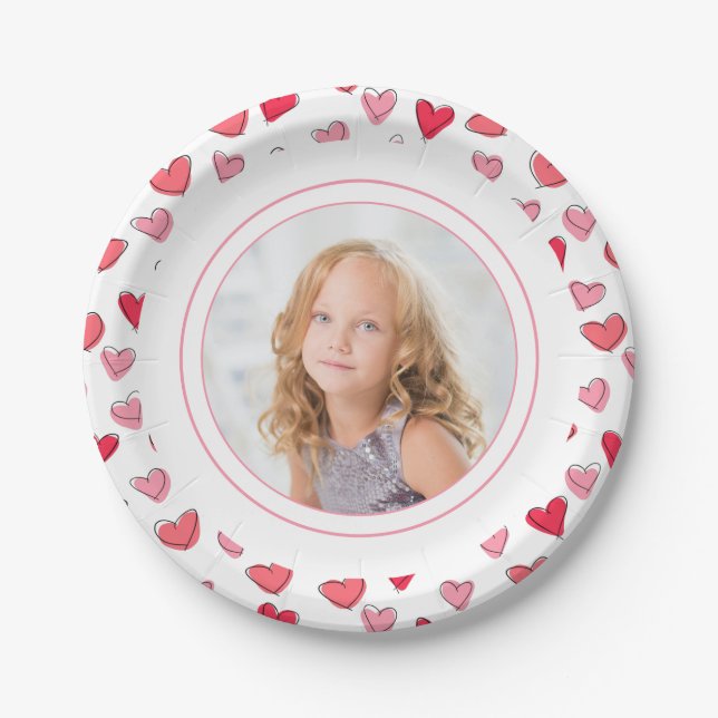 Custom Photo with Colourful Pink Heart Pattern Paper Plate (Front)