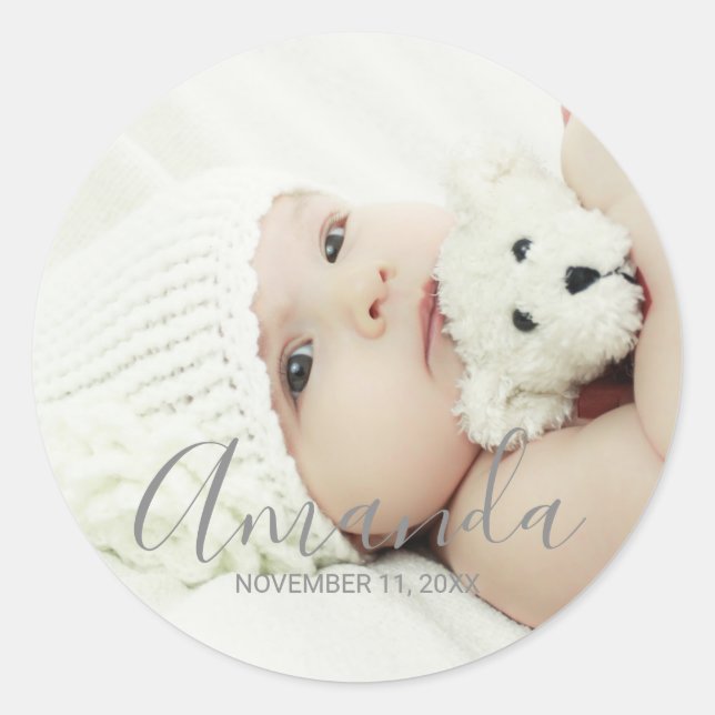 Custom Photo with Custom Name and Text Classic Round Sticker (Front)