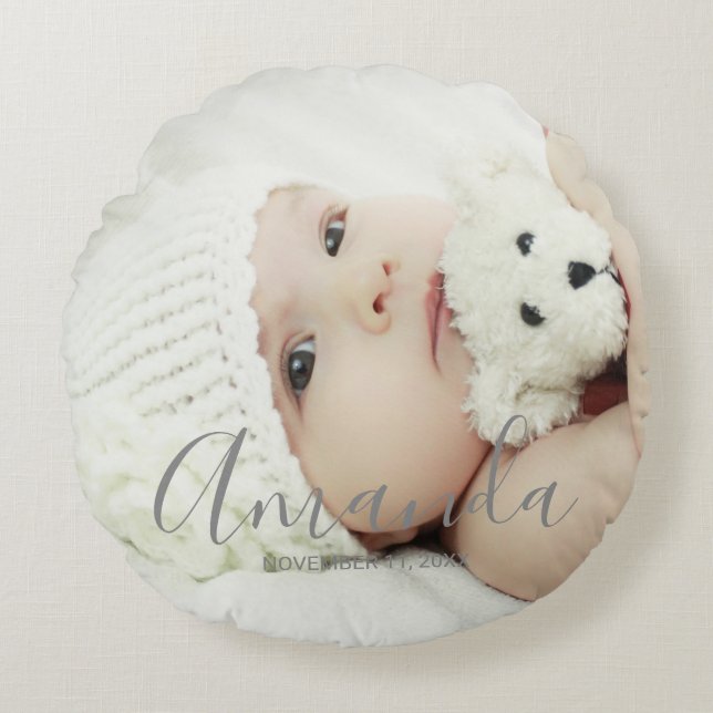 Custom Photo with Custom Name and Text Round Cushion (Front)
