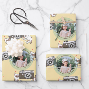 Custom Photo With Cute Cat Holding Camera Birthday Wrapping Paper Sheet