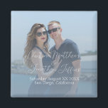 Custom Photo with Dusty Blue Wedding Magnet<br><div class="desc">This modern wedding or engagement keepsake magnet features a photograph of the couple across the background which you can replace with your own custom photo. A dusty blue gradient extends from the bottom portion.</div>