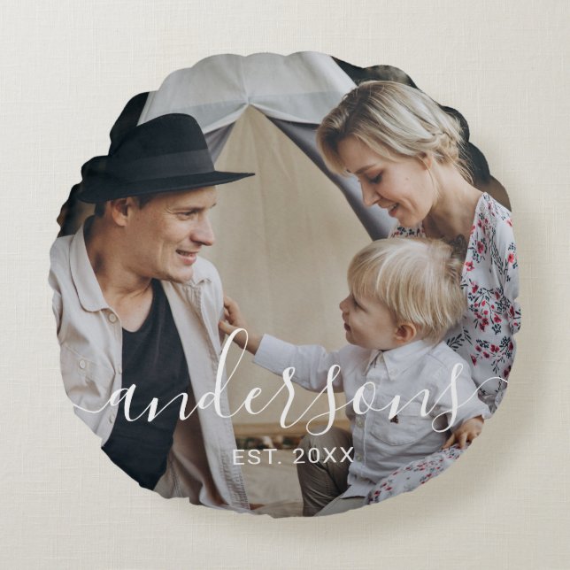 Custom photo with family name and established year round cushion (Front)