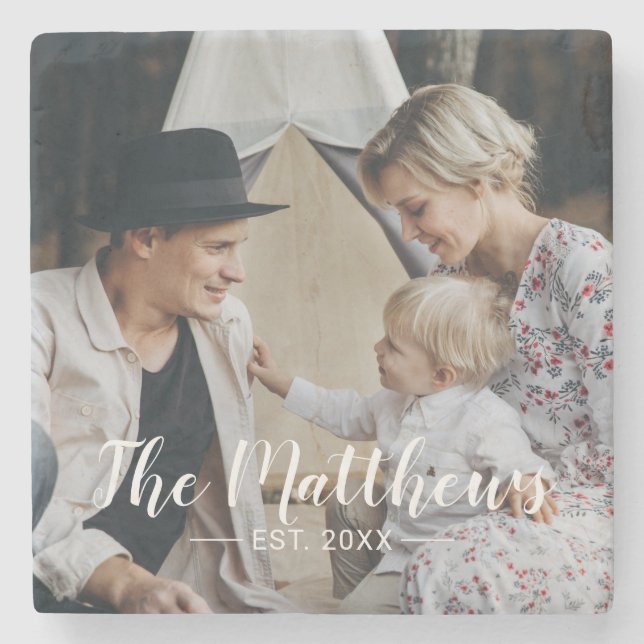 Custom photo with family name and established year stone coaster (Front)