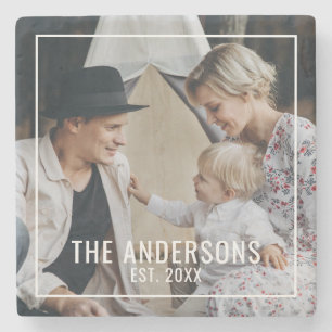 Custom photo with family name and established year stone coaster