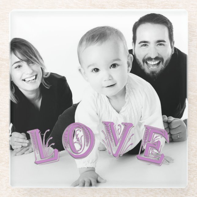 Custom Photo with Love Lettering Overlay Glass Coaster (Front)