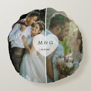 Custom Photo with Monogram and Date Symbol of Love Round Cushion