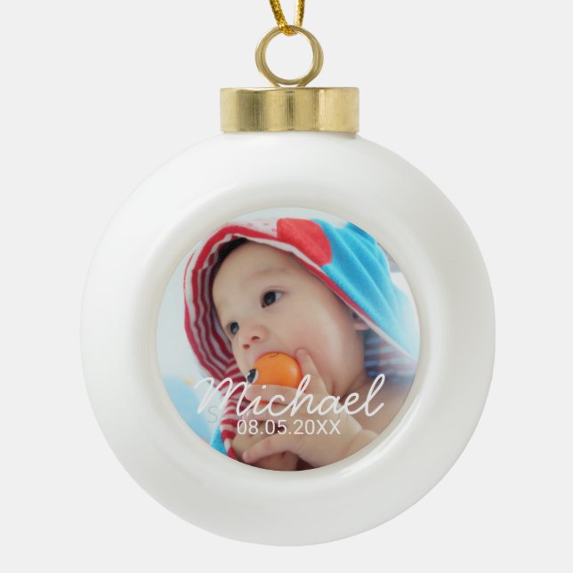 Custom Photo with Name and Date Ceramic Ball Christmas Ornament (Front)