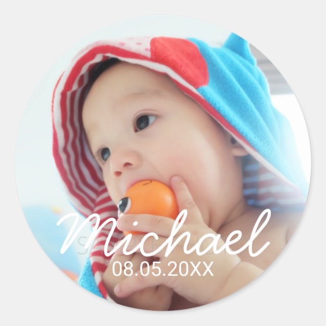 Custom Photo with Name and Date Classic Round Sticker (Front)