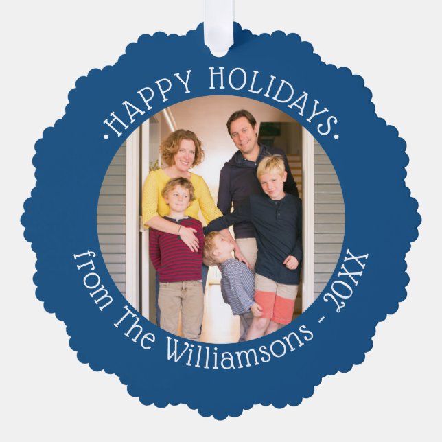 Custom Photo with Name Blue Border Holiday Tree Decoration Card (Front)