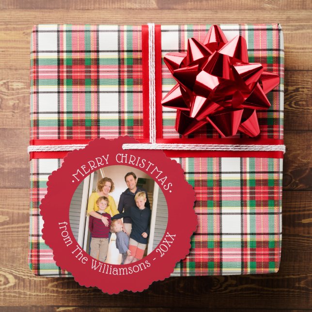 Custom Photo with Name Red Border Christmas Tree Decoration Card (Insitu (Gift))