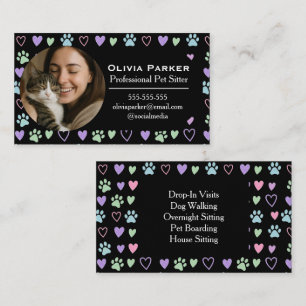 Custom Photo with Pastel Paw Black Pet Sitter Business Card