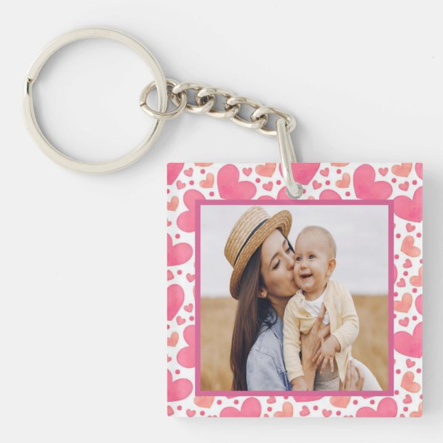 Custom photo with pink hearts background key ring (Front)