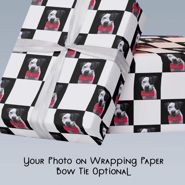 Custom Photo with Red Bow Tie Black White Chequere Wrapping Paper (Creator Uploaded)