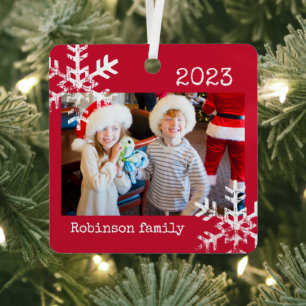 Custom Photo with Snowflakes Red Metal Tree Decoration