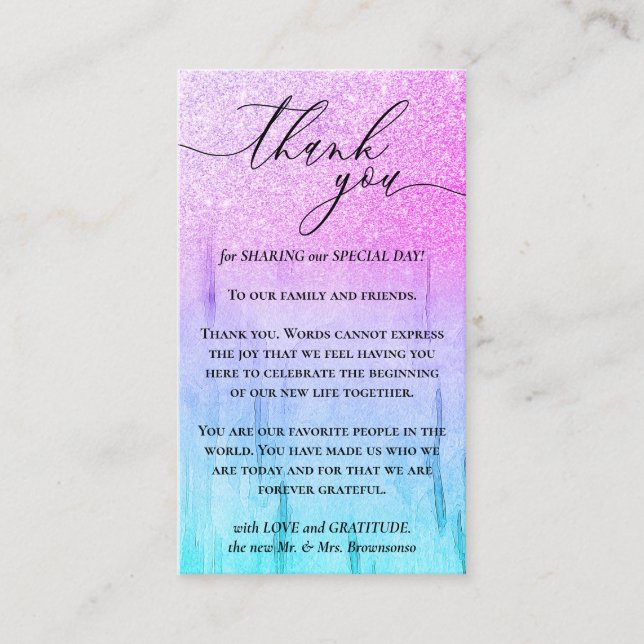 Custom Photo Wooden Glitz Purple Pink Thank You Enclosure Card (Front)