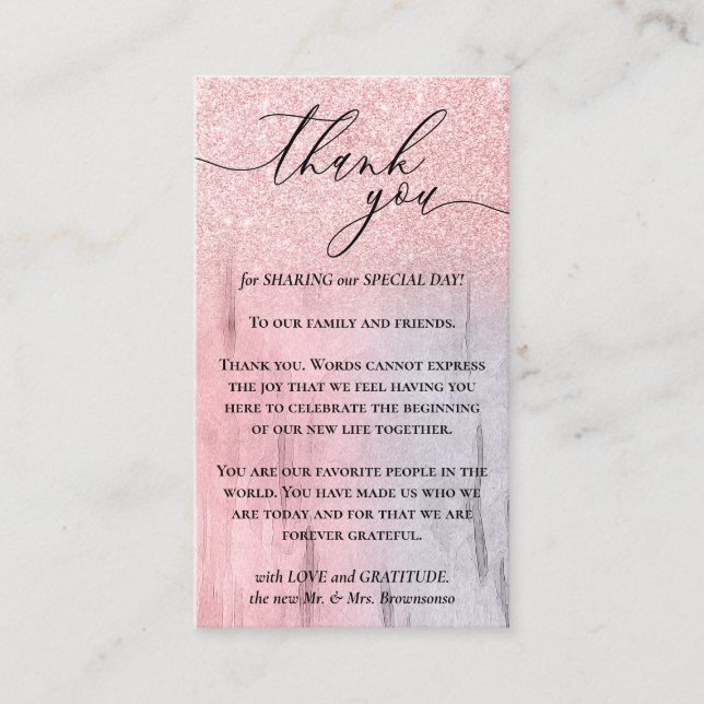 Custom Photo Wooden Glitz Sparkle Pink Thank You Enclosure Card (Front)
