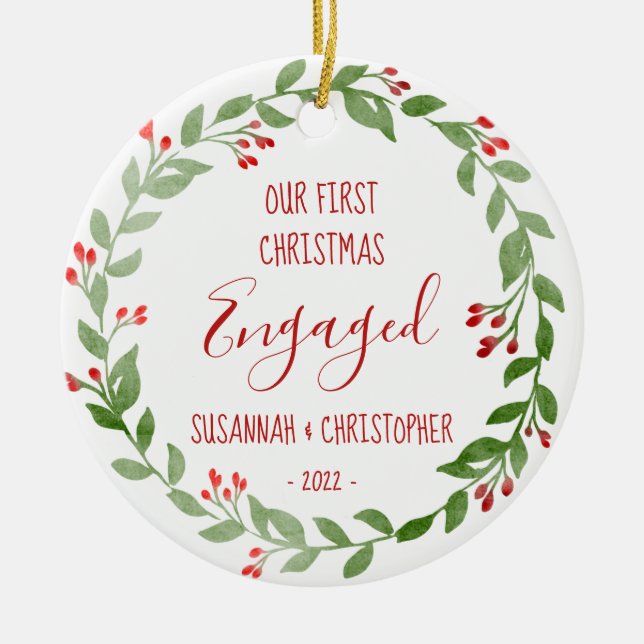 Custom Photo Wreath Red First Christmas Engaged Ceramic Tree Decoration (Front)